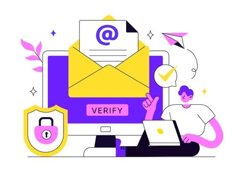 Email Verification Vector Illustration Featuring Secure Email Authenticatio.. Stock Illustration