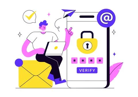 Email Verification Vector Illustration Featuring Secure Email Authenticatio.. Stock Illustration