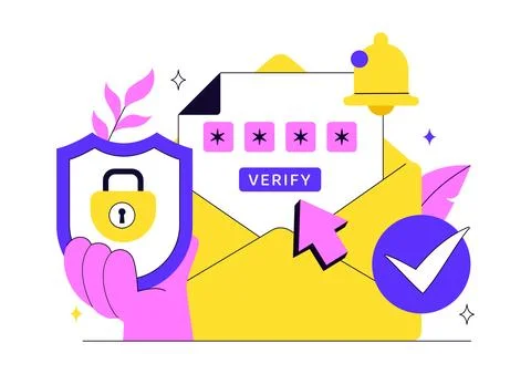 Email Verification Vector Illustration Featuring Secure Email Authenticatio.. Stock Illustration