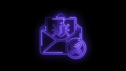 Email virus alert notification icon glowing neon purple on black background.. Stock Footage 346139303