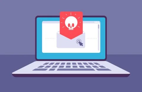 Email virus. Envelope with malware message with skull on laptop screen. E-mail Illustrazione stock