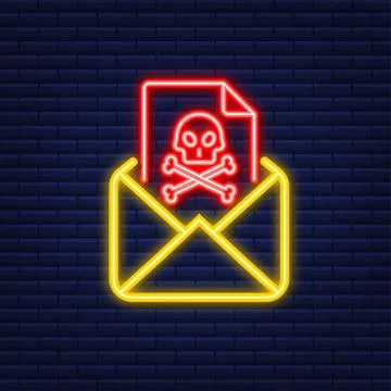 Email virus. Neon icon. Computer screen. virus, piracy, hacking and security Stock Illustration