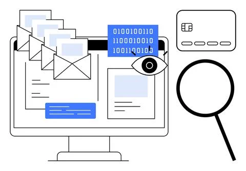 Emails and digital data displayed on computer screen, credit card alongside m Stock Illustration