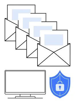 Emails, computer screen, and shield with lock representing communication an.. Illustrazione stock
