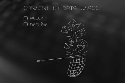 Emails falling into butterfly net with Consent to data usage text accept or d 스톡 일러스트
