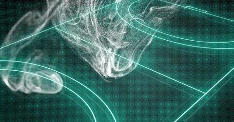Emanating white particle cloud swirling over virtual grid, with teal-green Stock Illustration