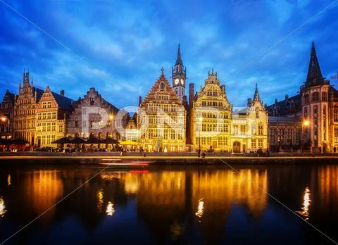 Embankment of old town at night, Ghent Stock Photos