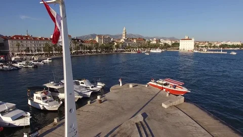 The embankment of the old town of Split in Croatia. Aerial photo Stock Footage