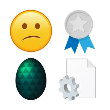 Embarrassed face, silver medal, dark green easter egg and file document. Se.. Stock Illustration