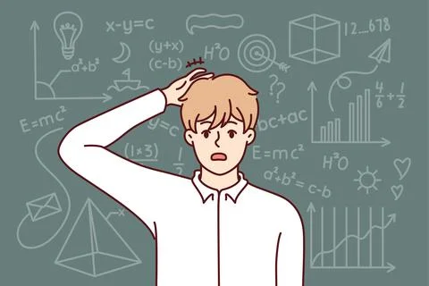 Embarrassed guy student studying mathematics, scratching back head standing near Stock Illustration