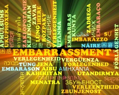 Embarrassment multilanguage wordcloud background concept glowing Stock Illustration