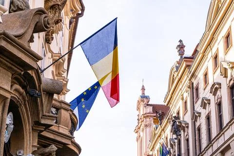Embassy of Romania in Prague. Flag of Romania and the flag of the European .. Stock Photos