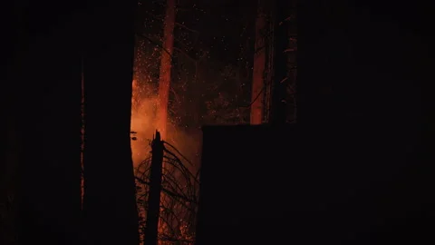 Embedded with Firefighters. Large Wildfire burning in the dark of night Stock Footage 201451590