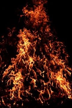 Embers glowing beneath flames of fire. Bonfire embers burning beneath bright  Stock Photos
