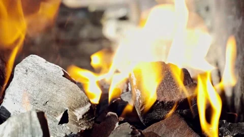 Embers of Tradition: Flames Dancing on Charcoal in a Rustic Hearth Stock Footage 280677108