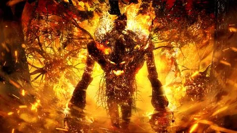 Embittered ancient ent gone mad, he walks through a burning forest on his b.. Illustrazione stock