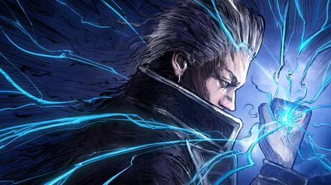 An embittered anime-style wizard with gray hair in a black robe angrily clenc Illustrazione stock