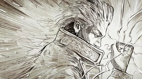 An embittered anime-style wizard with gray hair in a black robe angrily clenc 库存插图