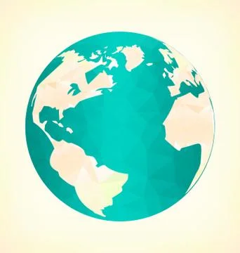 Emblem with blue globe in triangles on yellow Stock Illustration