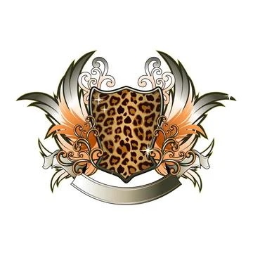Emblem, crest or logo with feathers wings and leopard skin pattern vector    Stock Illustration