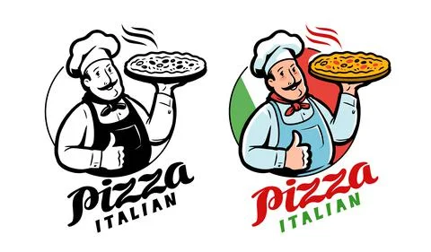 Emblem funny chef with pizza on background Italian flag. Pizzeria logo vector Stock Illustration