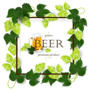 Emblem, label design with beer mug, frame of hops Stock Illustration
