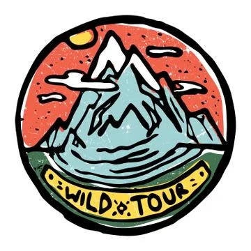 Emblem of mountain and clouds, river and grass. Stock Illustration