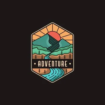 Emblem mountain and river landscape adventure logo icon vector template Stock Illustration