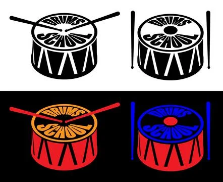Emblem of musical drum school. Learning to play percussion instruments. Dru.. Illustrazione stock