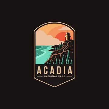 Emblem patch logo illustration of Acadia National park on dark background Stock Illustration
