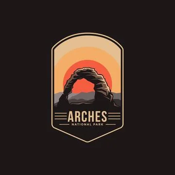 Emblem patch logo illustration of Arches National Park on dark background Stock Illustration