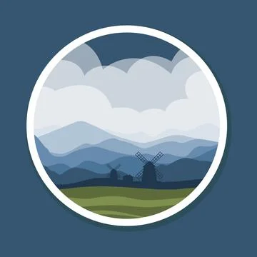 Emblem patch vector illustration of Holland windmill. Rural summer landscap.. イラスト素材