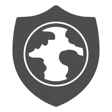 Emblem with planet earth solid icon, web security concept, Global Shield sign on Illustrazione stock