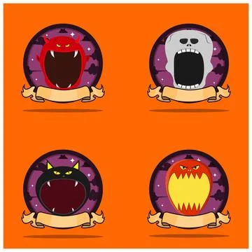 Emblem Set Head Monster. With Devil, Skeleton, Black Cat and Balloon Head C.. Stock Illustration