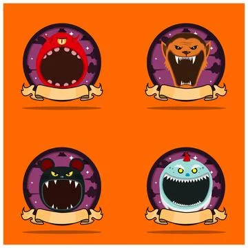 Emblem Set Head Monster. With One Eye Monster, Wolf Man, Mouse and Creepy G.. Stock Illustration