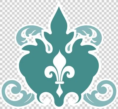 Emblem is showcasing stylized fleur-de-lis with scroll motifs in flat style, Illustrazione stock