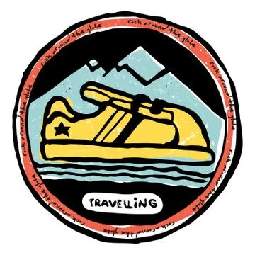 Emblem of sneacker, mountain on background. Stock Illustration