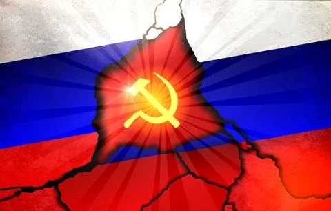 Emblem of Soviet Union shines through broken wall decorated Russian flag. Stock Illustration
