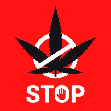 Emblem stop marijuana on a red background. crossed out plant. Stock Illustration