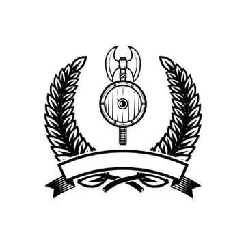 Emblem template with axe and shield. Design element for logo, label, emblem, Stock Illustration