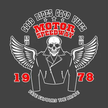 Emblem template with winged racer skeleton. Design element for logo, label, s Illustrazione stock