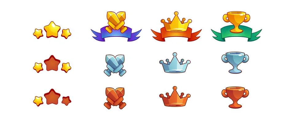 Emblems and rewards for three game levels Stock Illustration