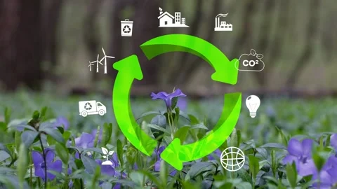 The emblems of the cyclic economy On green backdrop,. Recycling, the environ Stock Footage 239333106