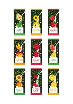 Emblems for fruit milk. 9 various tastes pear, pineapple, strawberry, mango Stock Illustration