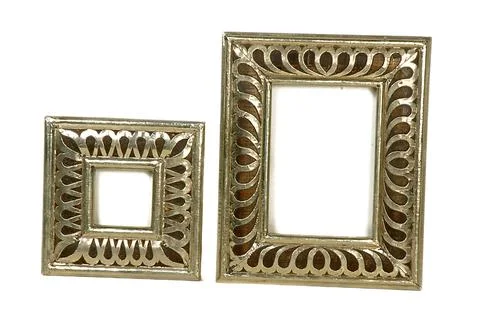 Emboss white metal design fitting on wooden photo frame, Jodhpur, Rajasthan.. Stock Photos