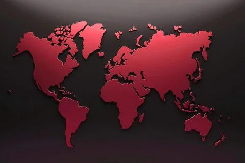 Embossed 3d red colour world map in dark background Stock Illustration