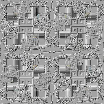Embossed 3d vector seamless pattern. Greek ornamental leafy gray background.  Stock Illustration