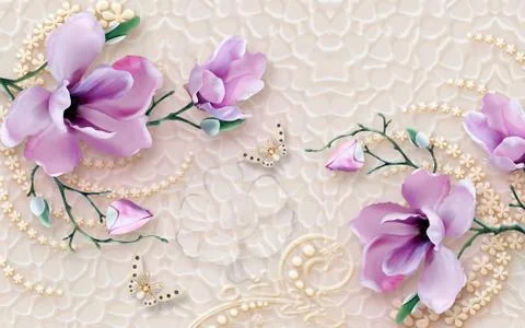Embossed beige background, light lilac large magnolia flower on a green branch Stock Illustration