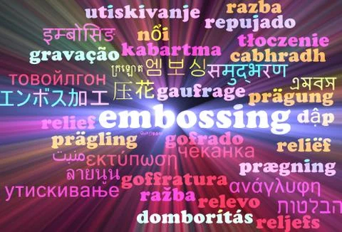 Embossing multilanguage wordcloud background concept glowing Stock Illustration