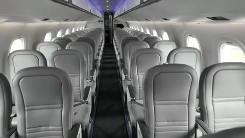 Embraer E195-E2 Cabin interior displayed at Farnborough Airshow Stock Footage 340554191